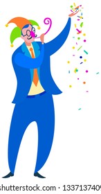 April 1 is Fools Day party. Cartoon man king of fools in funny crown blowing in tune. Isolated on white vector illustration