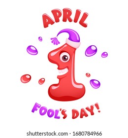 April 1, Fool's Day. Vector Sticker. Cartoon Laughing Joker In The Form Of Number One With A Red And Purple Splashes. Calendar Reminder About Unofficial Spring Festival Of Practical Jokes Or Pranks.