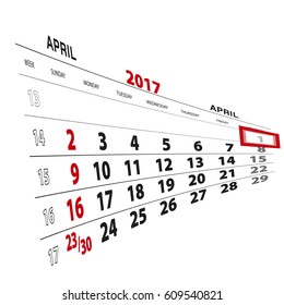 April 1, highlighted on 2017 calendar. Vector Illustration.