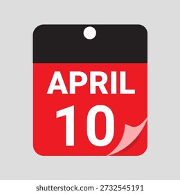 10. April Kalenderdatum Symbol Vektor, Roter Tageskalender Seitenabbildung