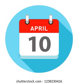 April 10 Date on a Single Day Calendar in Flat Style with long flat shadow on a blue background