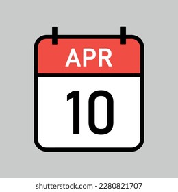 April 10, red and white color calendar page with black outline, calendar date vector illustration