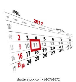 April 11, highlighted on 2017 calendar. Vector Illustration.