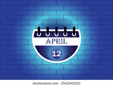 April 12 calendar sign on blue neon brick wall background. Flat design style. Date, day and month. Vector illustration.