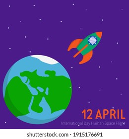 12 de abril. Ilustración del Día de los Cosmonáuticos con un cohete. Día Internacional del Vuelo Espacial Humano.