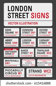 APRIL 13, 2015: A vector illustration of the most famous London streets signs