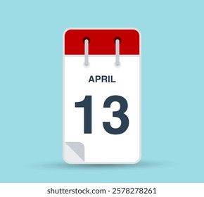 April 13 calendar icon isolated on background. March vector for day of week and month in red. Calendar design vector template. Vertical orientation.