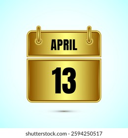 April 13 calendar and time planner on gold background. Daily calendar icon, schedule symbol