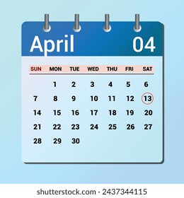 April 13. Flat icon calendar isolated on blue background. Date and month vector illustration