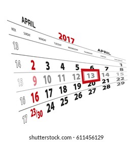 April 13, highlighted on 2017 calendar. Vector Illustration.