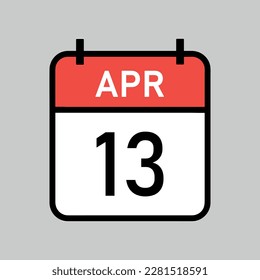 April 13, red and white color calendar page with black outline, calendar date vector illustration