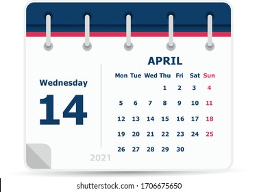 April 14 - Calendar Icon - 2021 - Week starts monday. Calendar design template. 