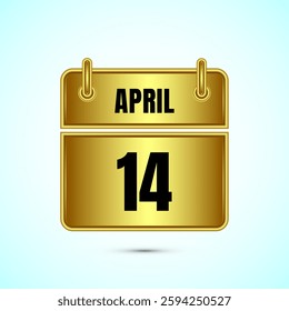 April 14 calendar and time planner on gold background. Daily calendar icon, schedule symbol