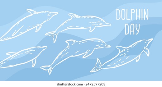 April 14 and July 23. World Dolphin Day. Marine mammal holiday concept. Vector illustration for banner, wallpaper and web sites.