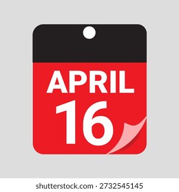 April 16 Calendar Date Icon Vector, Red Daily Calendar Page Illustration