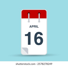 April 16 calendar icon isolated on background. March vector for day of week and month in red. Calendar design vector template. Vertical orientation.