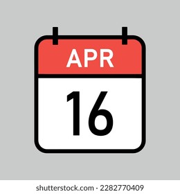 April 16, red and white color calendar page with black outline, calendar date vector illustration