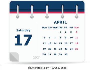 April 17 - Calendar Icon - 2021 - Week starts monday. Calendar design template. 