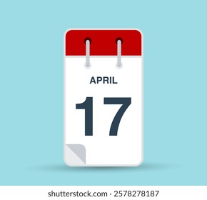 April 17 calendar icon isolated on background. March vector for day of week and month in red. Calendar design vector template. Vertical orientation.