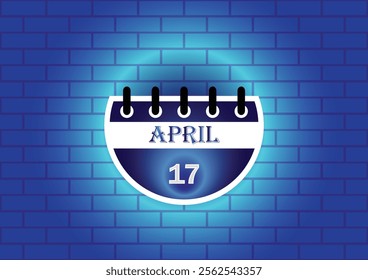 April 17 calendar sign on blue neon brick wall background. Flat design style. Date, day and month. Vector illustration.