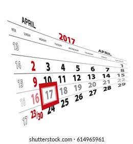April 17, highlighted on 2017 calendar. Vector Illustration.