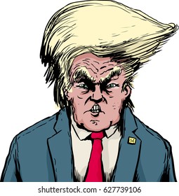 April 18, 2017. Caricature Of Angry Donald Trump With Bouffant Hairdo Over White Background