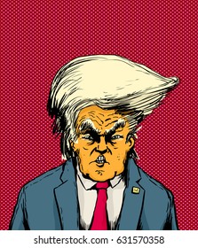 April 18, 2017. Caricature Of Orange Skinned Donald Trump With Bouffant Hairdo