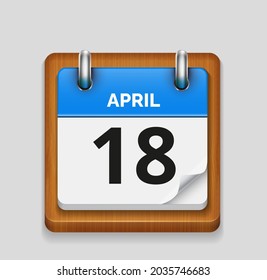 April 18 blue daily realistic calendar with wooden frame icon date vector image