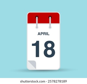 April 18 calendar icon isolated on background. March vector for day of week and month in red. Calendar design vector template. Vertical orientation.