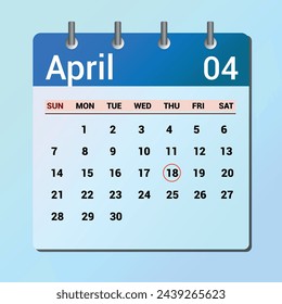 April 18. Flat icon calendar isolated on blue background. Date and month vector illustration