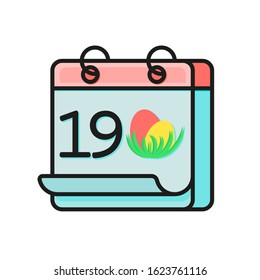 April 19 2020 Orthodox Easter. Colorful calendar flat icon with date and Easter eggs isolated on white background. Cute element for card, social media banner, sticker, design. Vector illustration.