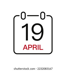 Fecha del 19 de abril en el calendario, icono de trazo de línea vectorial para la interfaz de usuario. Calendario con fecha, ilustración vectorial.