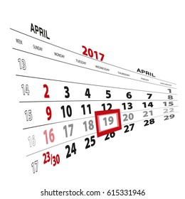 April 19, highlighted on 2017 calendar. Vector Illustration.