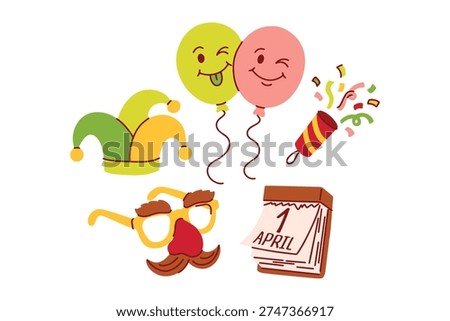April 1st festive kit with jester hat balloons and disguise glasses for fool day party invitations and playful school activities