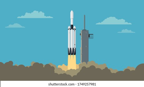 April 2, 2020: Detailed Flat Vector Illustration Of A Launch Of SpaceX Falcon Heavy. Feel Free To Use Only Parts Of The Illustration Too.