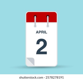 April 2 calendar icon isolated on background. March vector for day of week and month in red. Calendar design vector template. Vertical orientation.