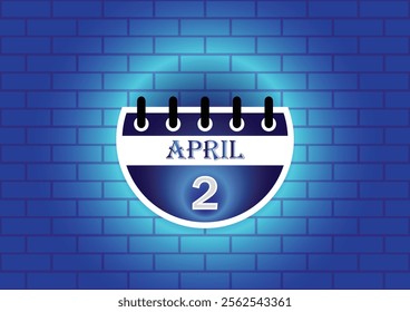 April 2 calendar sign on blue neon brick wall background. Flat design style. Date, day and month. Vector illustration.