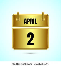 April 2 calendar and time planner on gold background. Daily calendar icon, schedule symbol