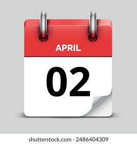 April 2 daily realistic red calendar icon date vector image