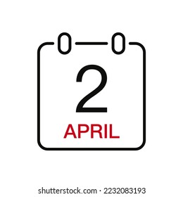 April 2 date on the calendar, vector line stroke icon for user interface. Calendar with date, vector illustration.