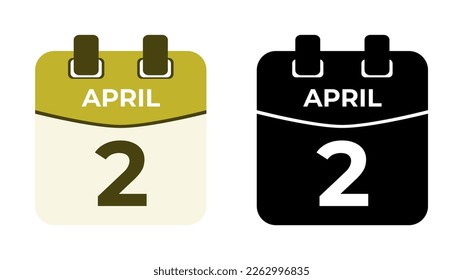 Icono de fecha de calendario de espiral diario plana 2 de abril ilustración vectorial en combinación de colores coincidentes. Idóneo y perfecto para el diseño de material, como eventos o recordatorios. Los mejores recursos gráficos editables.
