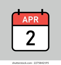 April 2, red and white color calendar page with black outline, calendar date vector illustration