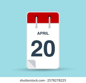 April 20 calendar icon isolated on background. March vector for day of week and month in red. Calendar design vector template. Vertical orientation.