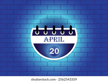 April 20 calendar sign on blue neon brick wall background. Flat design style. Date, day and month. Vector illustration.