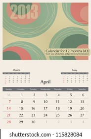 April. 2013 Calendar. Optima fonts used. A3