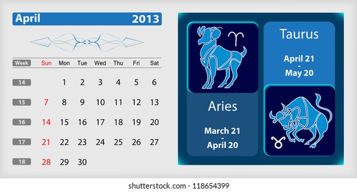 April 2013 Calendar and zodiac