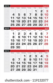April 2013 Three-Month Calendar