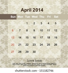 April 2014 calendar design, vector illustration