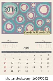 April. 2014 Calendar. Optima fonts used. A3