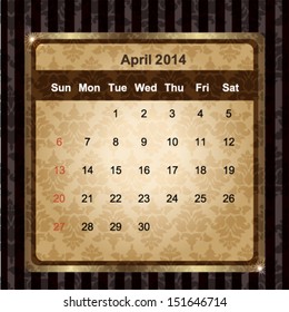 April 2014 calendar vintage design, vector illustration